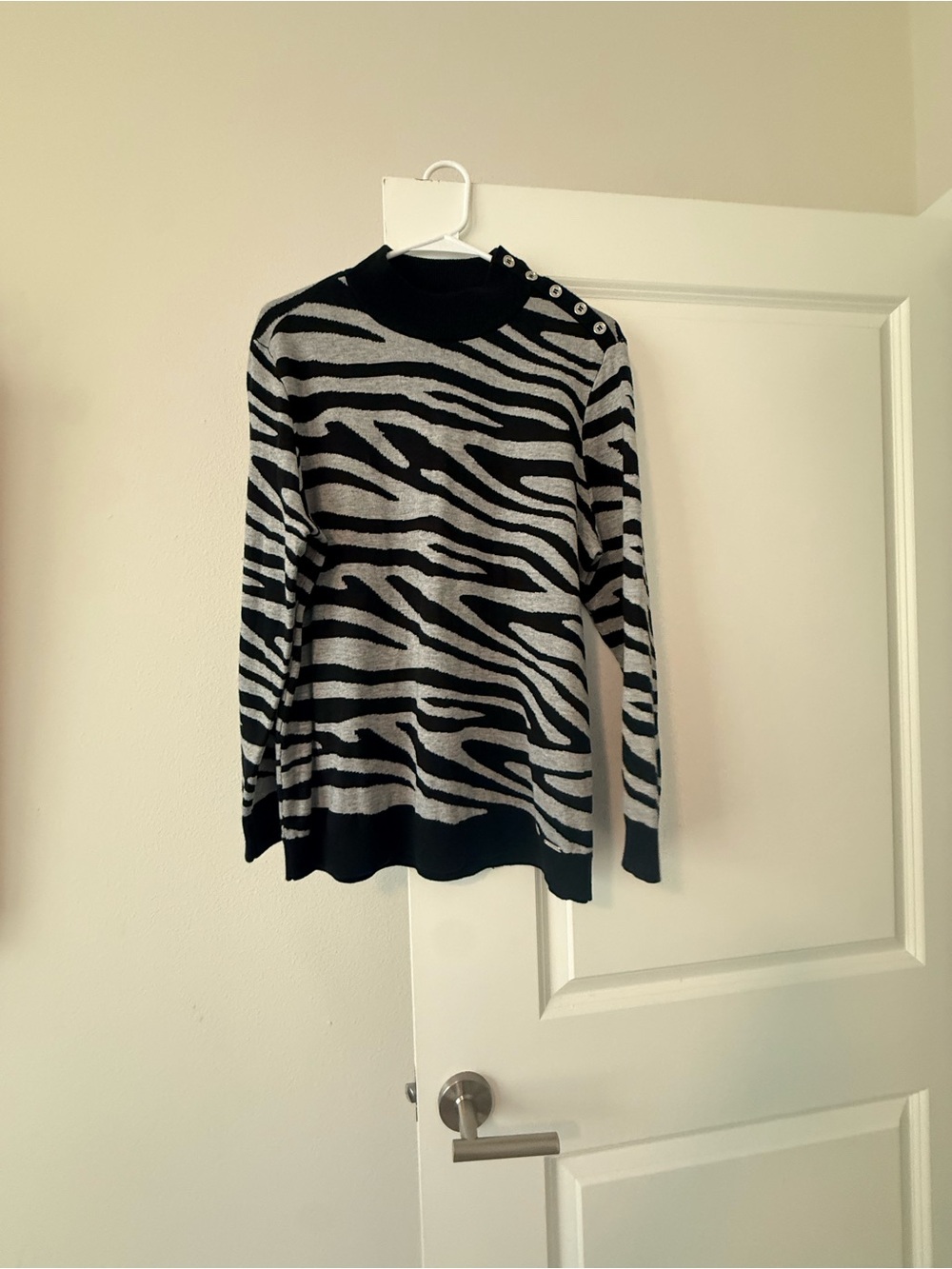 Calvin Klein Black and Gray Zebra Crewneck Sweater with Shoulder Buttons